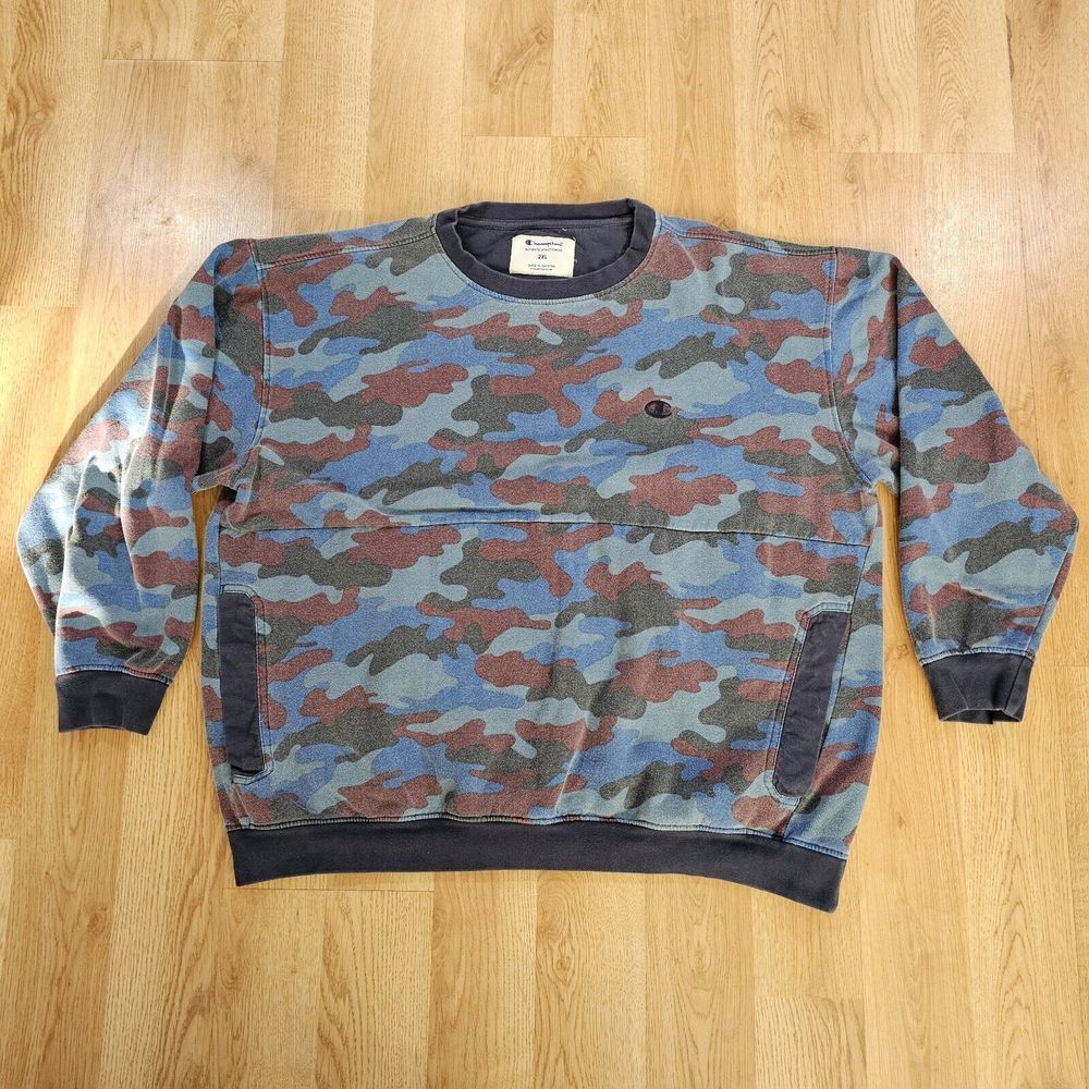 Champion Sweatshirt Mens 2XL Blue Camo Pullover Crewneck Side Pockets Camouflage